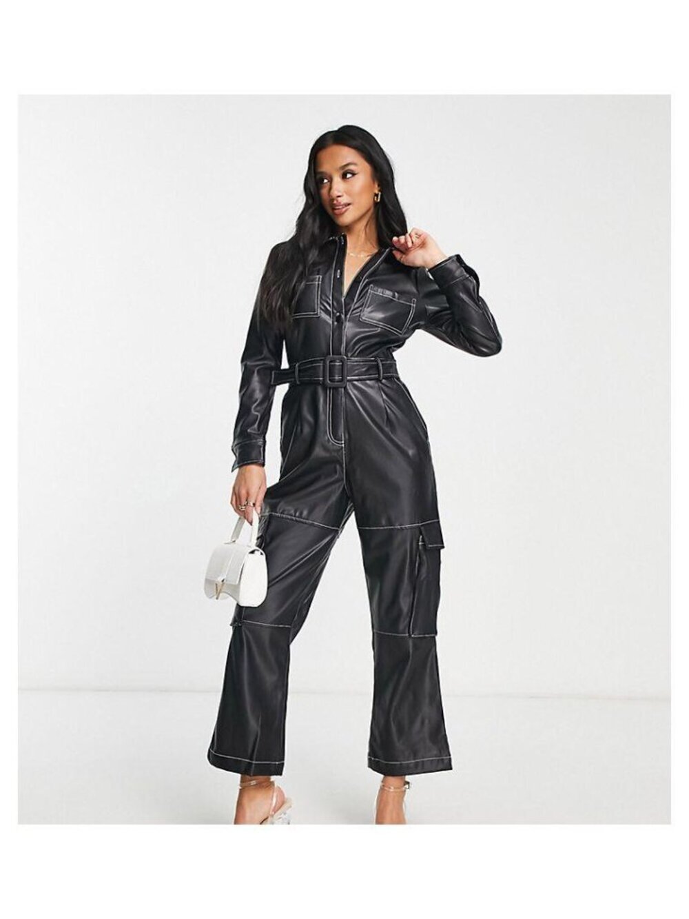 Miss Selfridge Contrast Stitch Cargo Faux Leather Jumpsuit Black Size 2